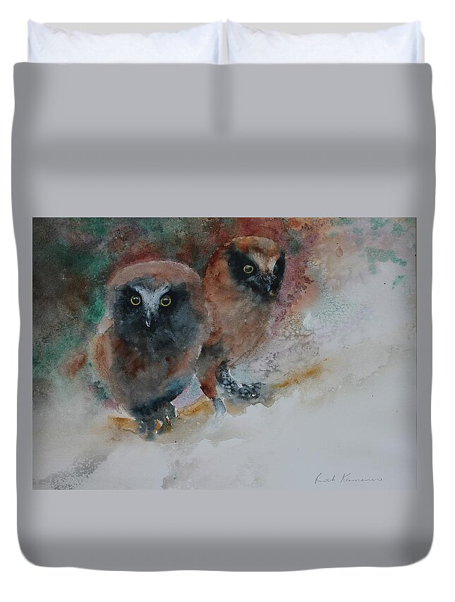 Owls Duvet Cover featuring the painting Two Hoots by Ruth Kamenev