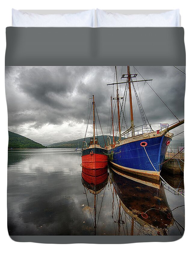 Tranquility Duvet Cover featuring the photograph Two Ships At The Cost Of Loch Fyne by Emad Aljumah