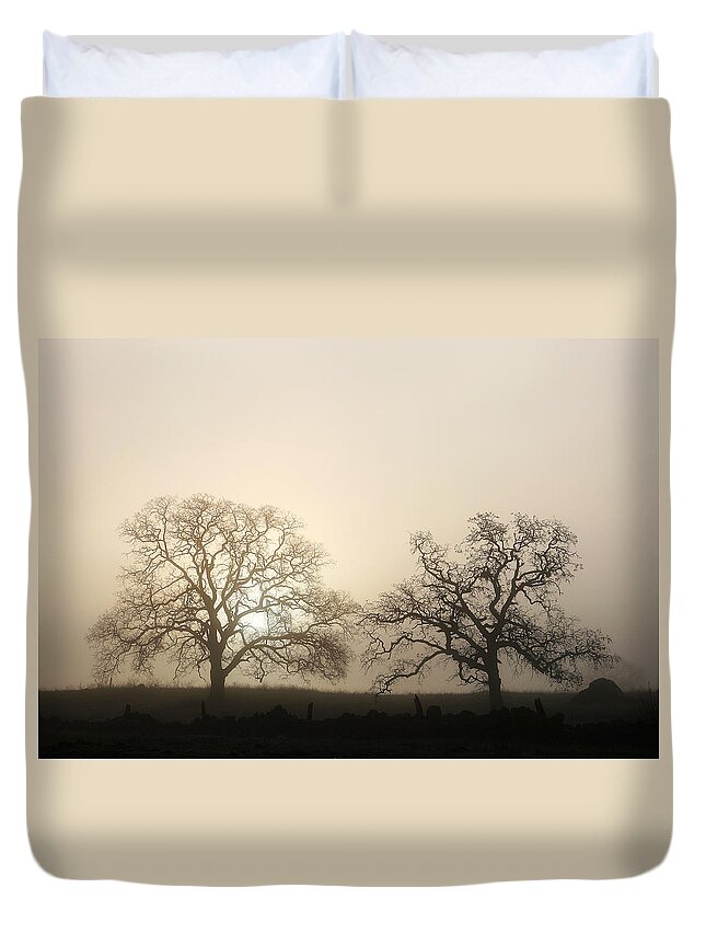 Chico Duvet Cover featuring the photograph Two Trees In Fog by Robert Woodward