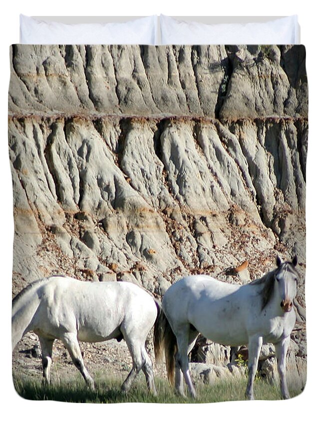 Animal Duvet Cover featuring the photograph Two Wild White Stallions by Sabrina L Ryan