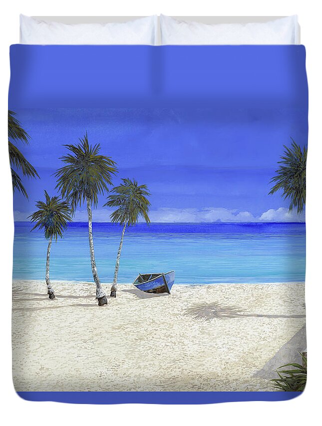 Seascape Duvet Cover featuring the painting Una Barca Blu by Guido Borelli