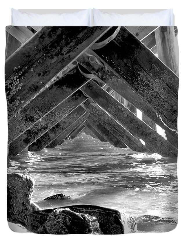 Water Duvet Cover featuring the photograph Under The Boardwalk by Greg Fortier
