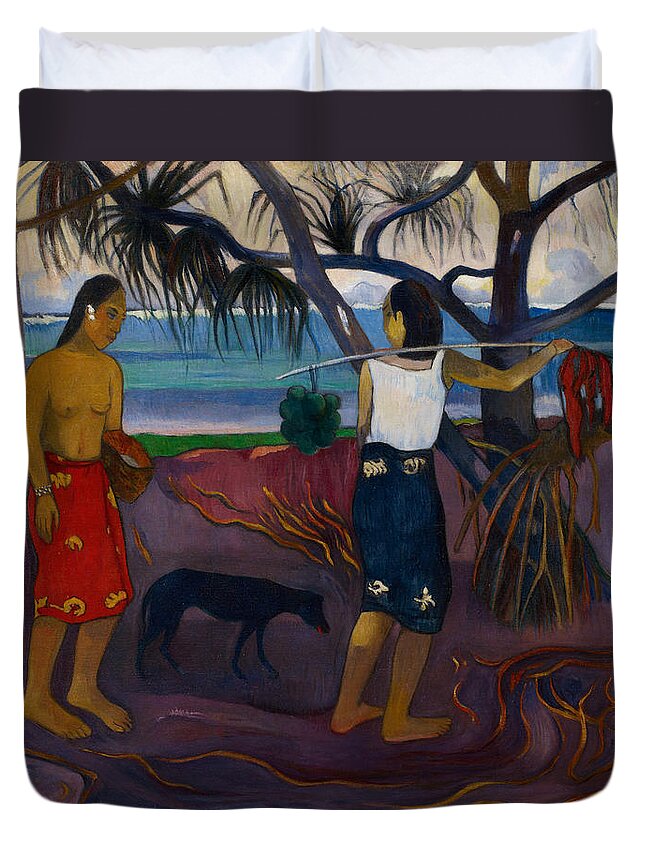 Paul Gauguin Duvet Cover featuring the painting Under the Pandanus II by Paul Gauguin