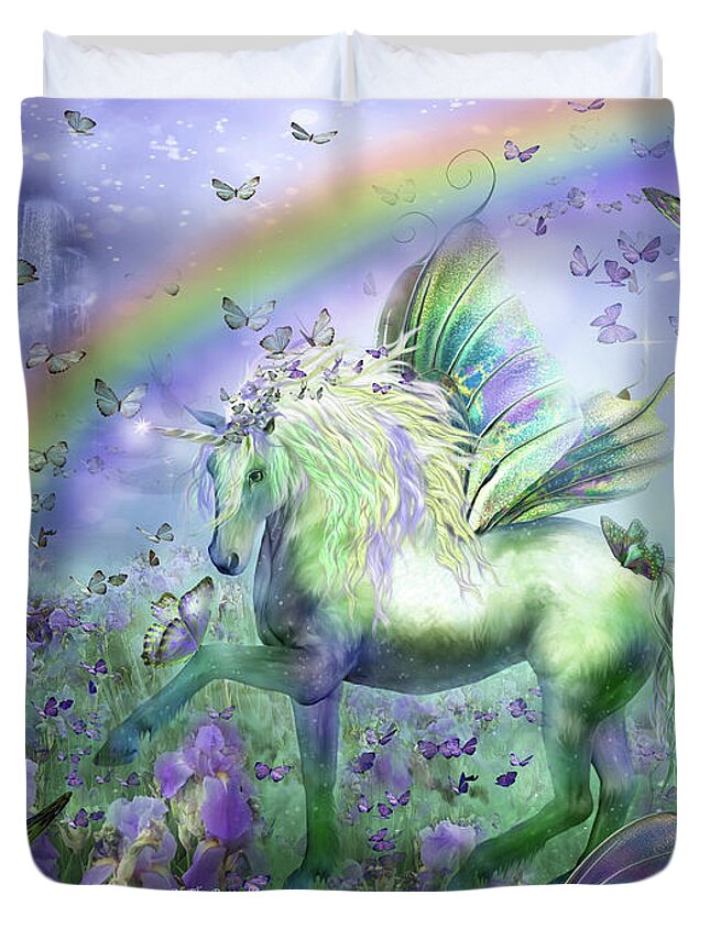 Unicorn Duvet Cover featuring the mixed media Unicorn Of The Butterflies by Carol Cavalaris