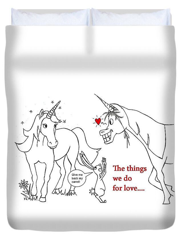 Valentine Duvet Cover featuring the drawing Unicorn Valentines card by Konni Jensen