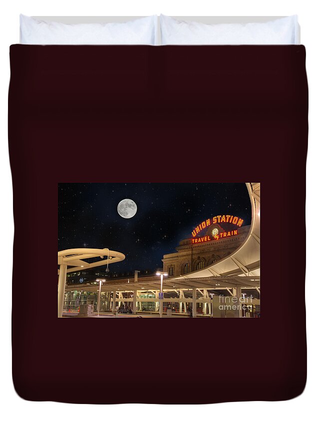 Architecture Duvet Cover featuring the photograph Union Station Denver Under a Full Moon by Juli Scalzi