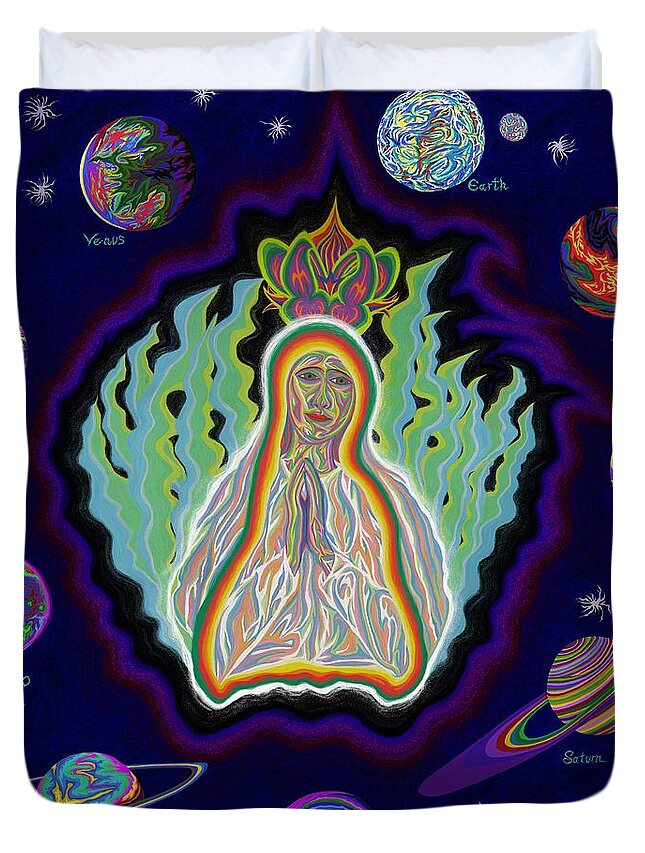 Virgin Mary Duvet Cover featuring the painting United Planets of The Queen of Heaven by Robert SORENSEN