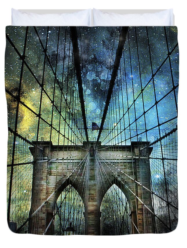 Evie Duvet Cover featuring the photograph Universe and the Brooklyn Bridge by Evie Carrier