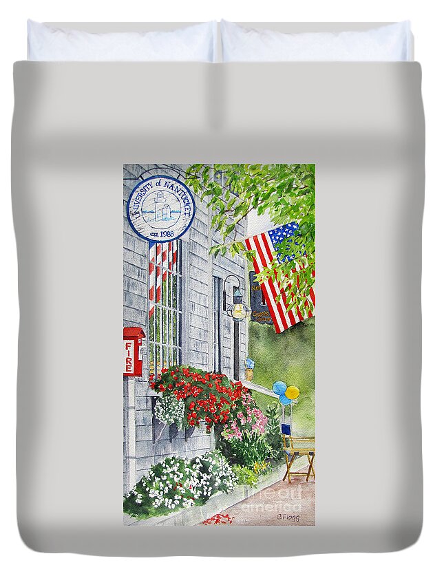 Original Watercolor Duvet Cover featuring the painting University of Nantucket Shop by Carol Flagg