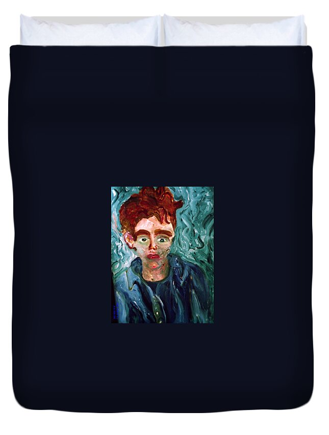 Green Duvet Cover featuring the painting Untitled Portrait with a Green Background by Shea Holliman