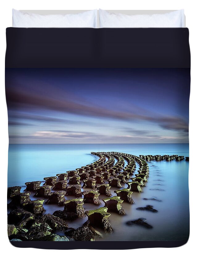 Scenics Duvet Cover featuring the photograph Unusual Sea Defenses At Felixstowe by Stevendocwra