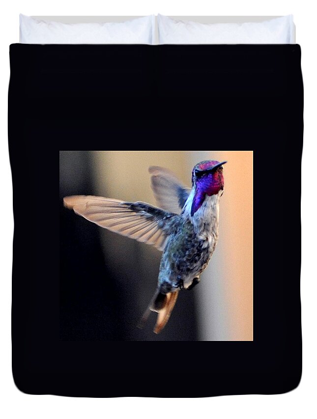 Hummingbird Duvet Cover featuring the photograph Up Up And Away Male Hummingbird by Jay Milo