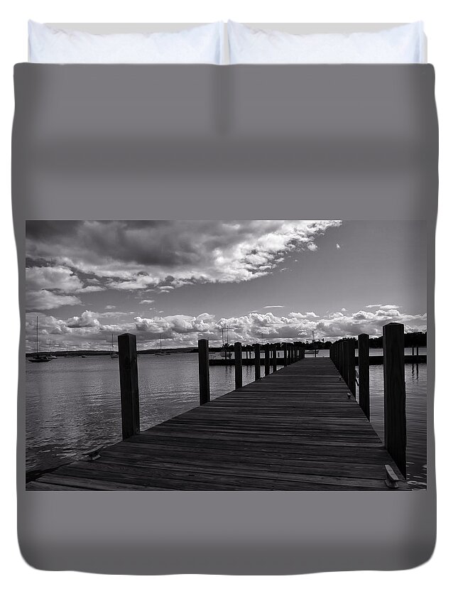Upon The Dock Duvet Cover featuring the photograph Upon the Dock mono by Rachel Cohen
