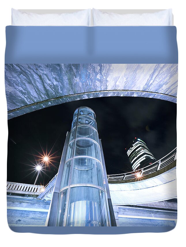 Elevated Walkway Duvet Cover featuring the photograph Urban Bilbao Elevator & Walkway by Hepatus