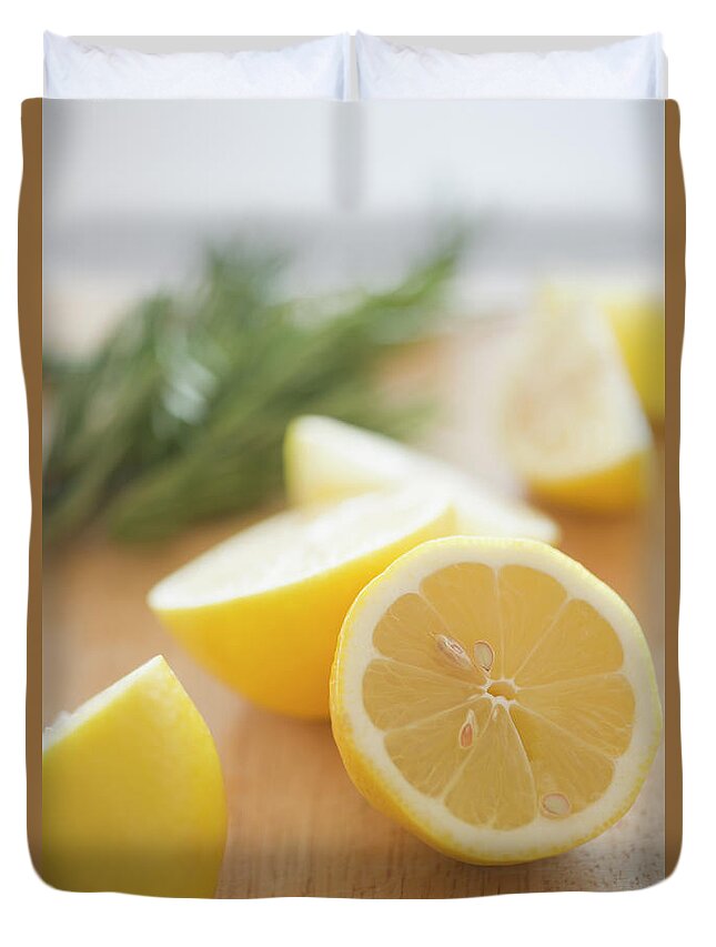Cutting Board Duvet Cover featuring the photograph Usa, New Jersey, Jersey City, Lemon On by Jamie Grill
