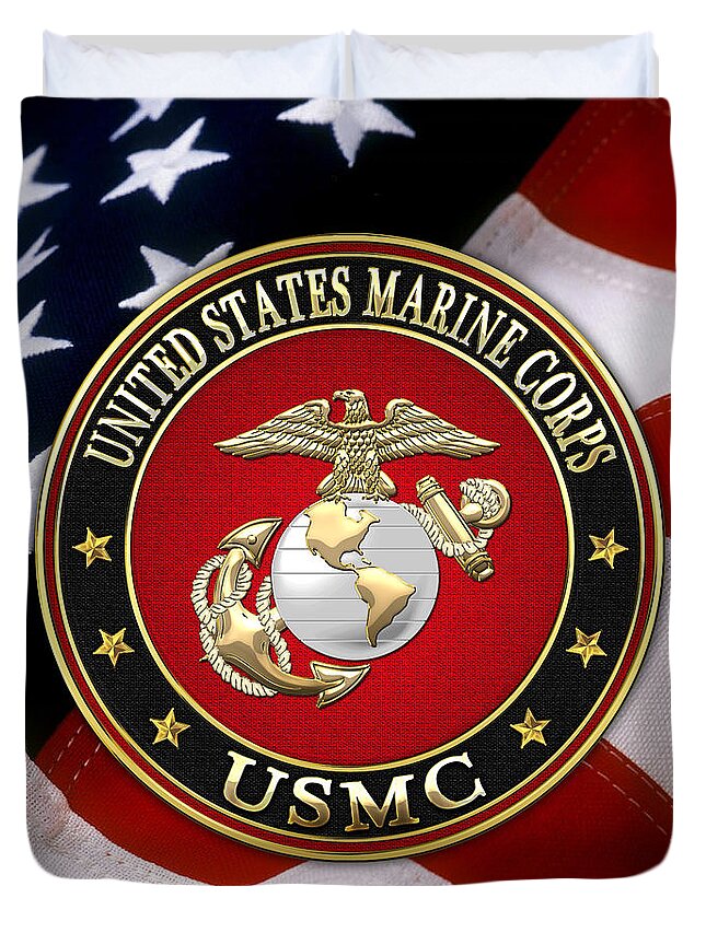 'usmc' Collection By Serge Averbukh Duvet Cover featuring the digital art U S M C Eagle Globe and Anchor - E G A over American Flag. by Serge Averbukh