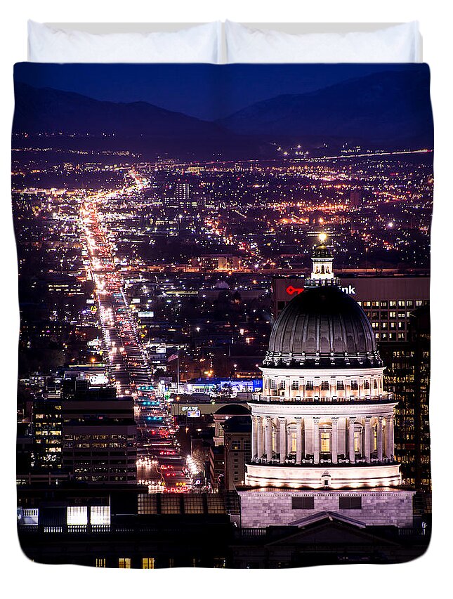 Utah Capitol Duvet Cover featuring the photograph Utah Capitol and State Street at Night by Gary Whitton