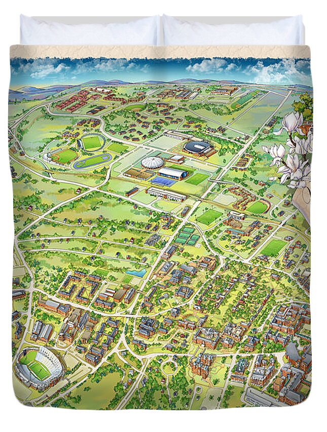 Uva Campus Illustrated Map Duvet Cover featuring the painting UVA Grounds Illustration 2014 by Maria Rabinky