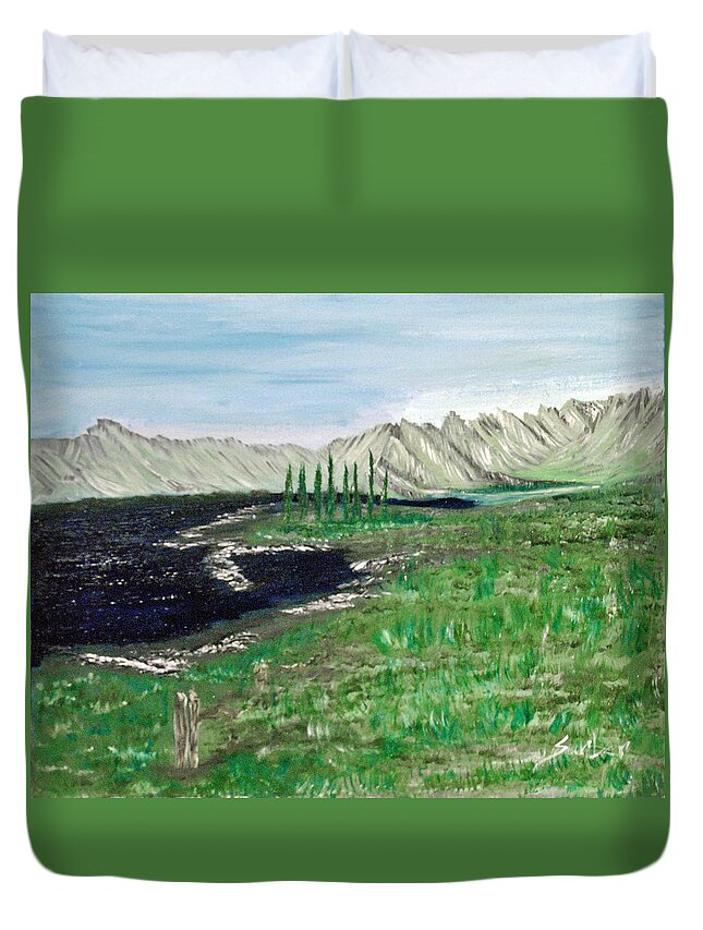 Valleylandscape Duvet Cover featuring the painting Valley by Suzanne Surber