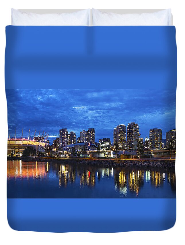 Vancouver Bc City Skyline With Bc Place At Blue Hour Duvet Cover
