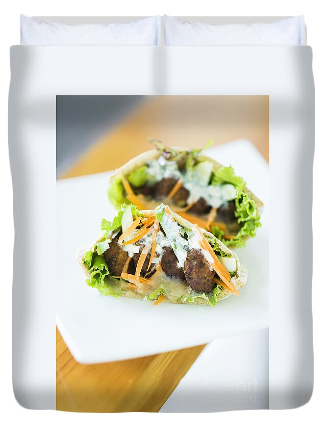 Bread Duvet Cover featuring the photograph Vegetarian Falafel In Pita Bread Sandwich by JM Travel Photography