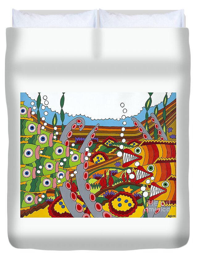 Fish Duvet Cover featuring the painting Vegetarians and Meat Eaters by Rojax Art