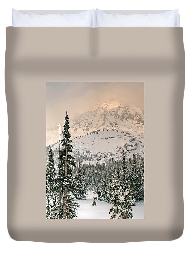 Mt Rainiermountainsnowglacierswinter Sceneevergreens Duvet Cover featuring the photograph Veiled Mountain by Jeff Cook