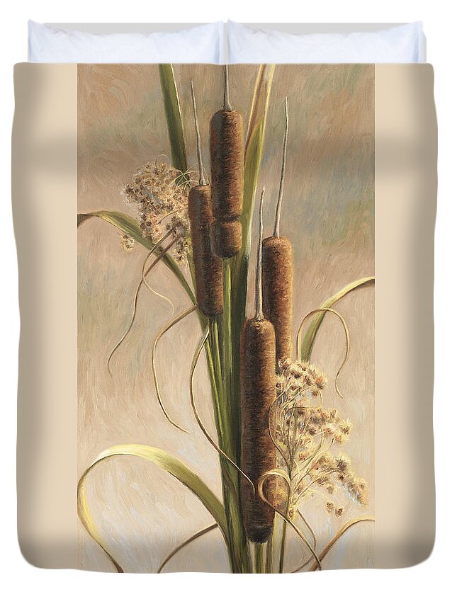 Cattail Duvet Cover featuring the painting Velvety Cattails by Lucie Bilodeau