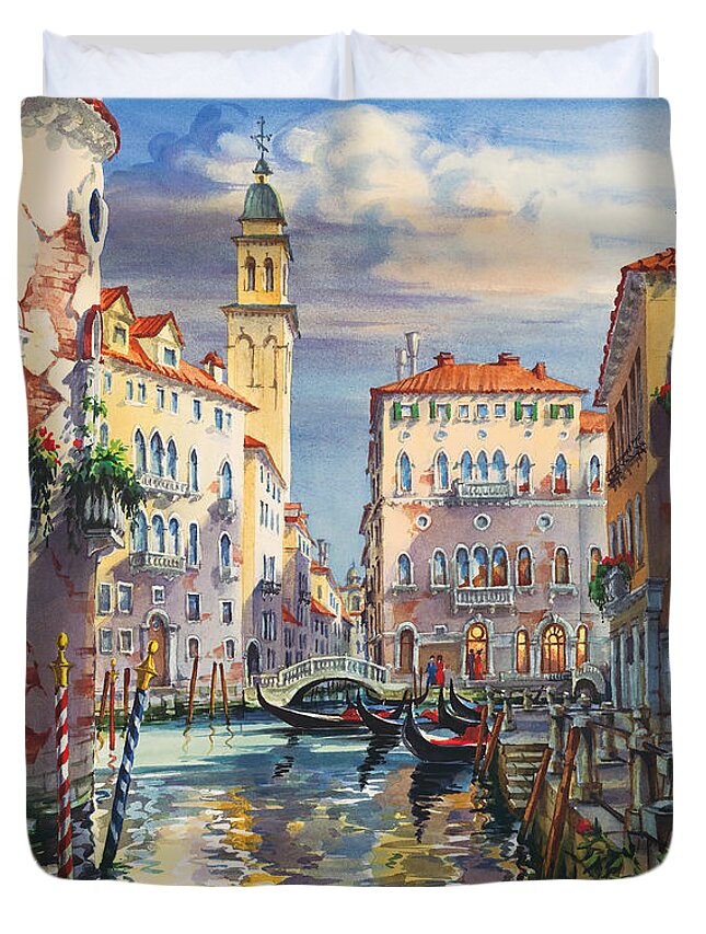 Venetian Canal Duvet Cover featuring the painting Venice before sunset by Maria Rabinky