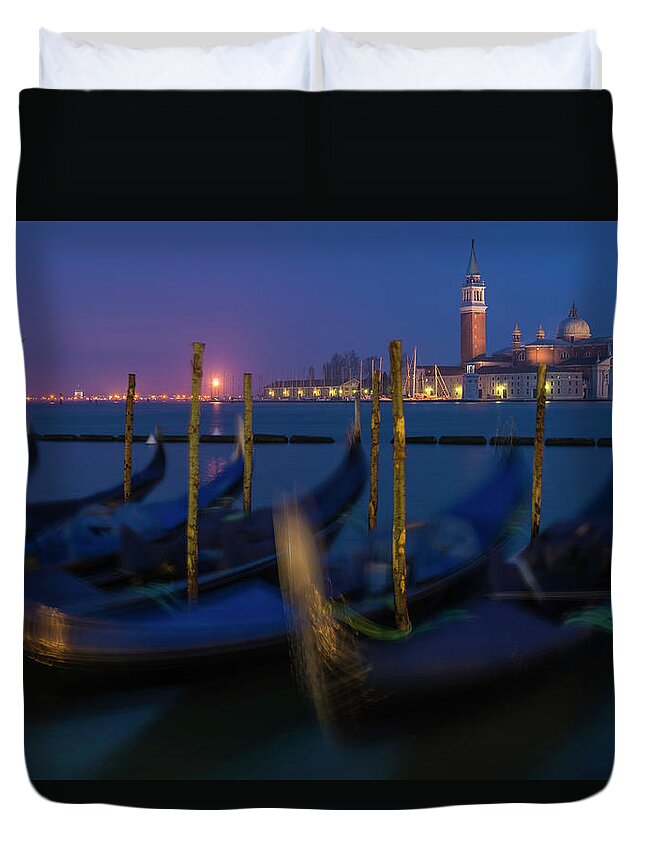 Water's Edge Duvet Cover featuring the photograph Venice Gondolas Rocking On Grand Canal by Fotovoyager
