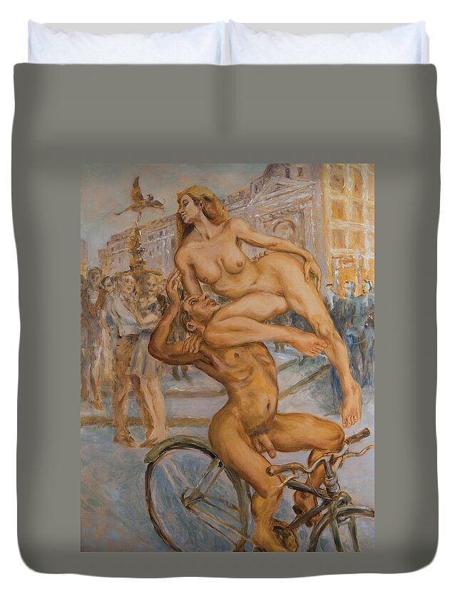 Nudes Duvet Cover featuring the painting Venus and Adonis cycling under Eros by Peregrine Roskilly