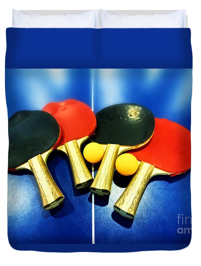 Ping-pong Duvet Cover featuring the photograph Vibrant Ping-pong Bats Table Tennis Paddles Rackets on Blue by Beverly Claire Kaiya