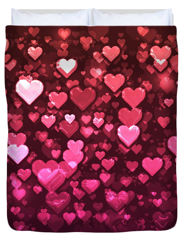Bokeh Duvet Cover featuring the digital art Vibrant Pink and Red Bokeh Hearts by Shelley Neff