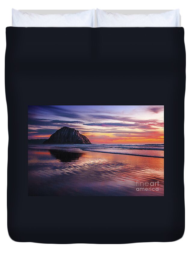 Vibrant Reflections Of Sunset On Morro Bay Beach Sand Fine Art Photography Print Duvet Cover featuring the photograph Vibrant Reflections Of Sunset on Morro Bay Beach Sand by Jerry Cowart