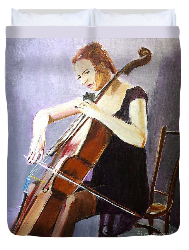 Cello Duvet Cover featuring the painting Vibrato by Judy Kay