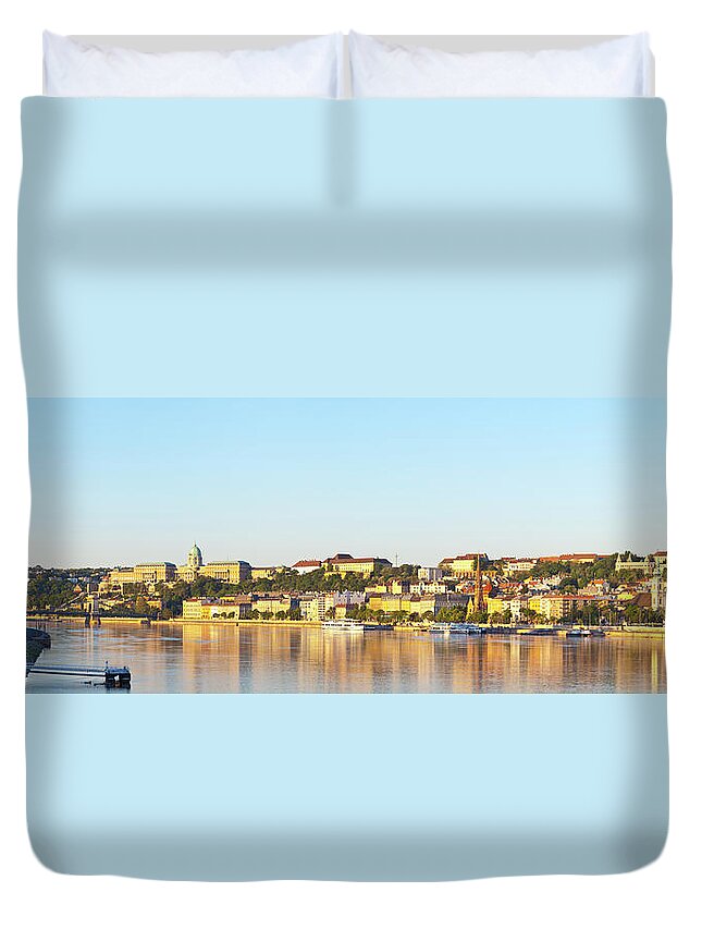 Hungarian Parliament Building Duvet Cover featuring the photograph View Along The River Danube Towards by Douglas Pearson