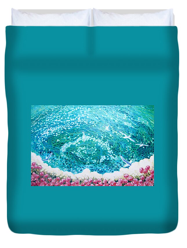 Kittiwakies Duvet Cover featuring the painting view from the cliff at Seaford by Gill Bustamante