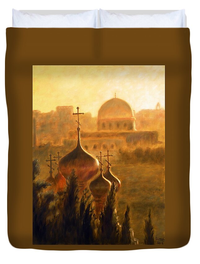 View From The Mount Of Olives Duvet Cover featuring the painting View from the Mount of Olives Jerusalem by Uma Krishnamoorthy