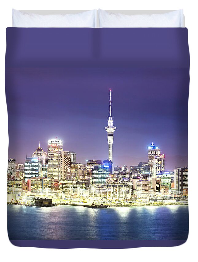 Downtown District Duvet Cover featuring the photograph View Of Auckland City And Cbd At Dusk by Matteo Colombo
