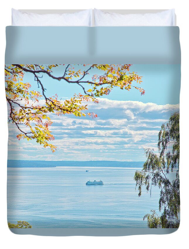 Tranquility Duvet Cover featuring the photograph View Of Ferry On Puget Sound by Mel Curtis