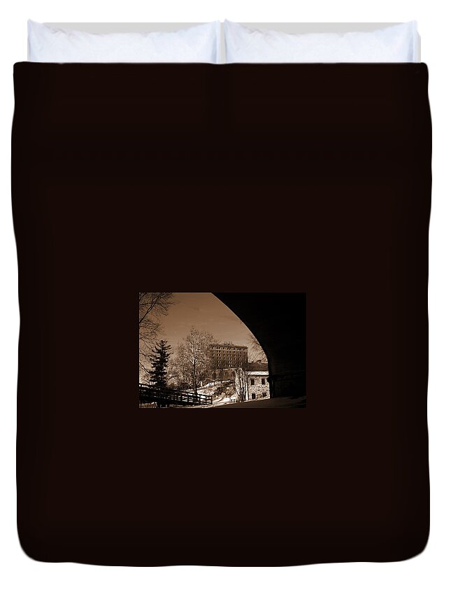 Bethlehem Pa Duvet Cover featuring the photograph View of Hotel Bethlehem from Colonial Industrial Quarter - Sepia by Jacqueline M Lewis