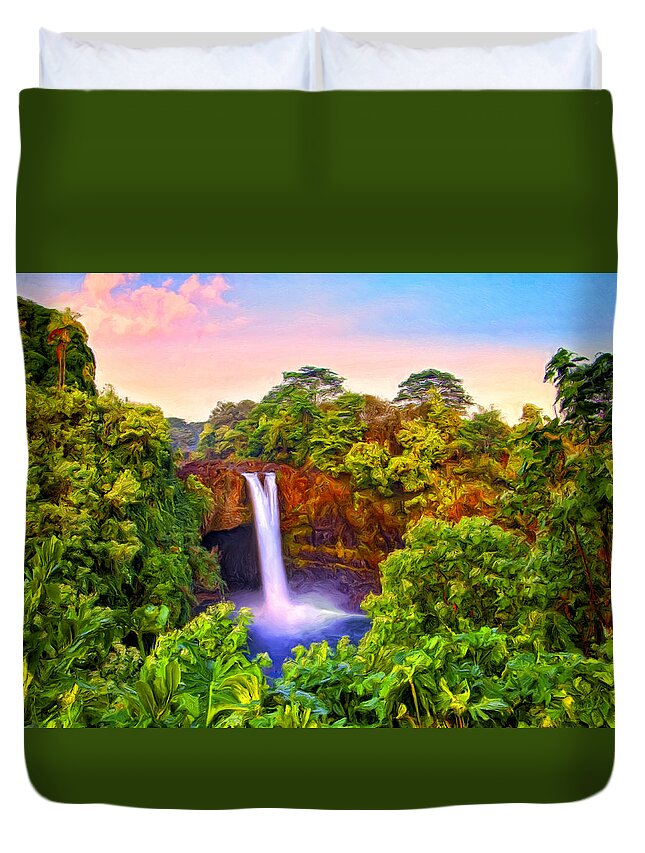 Hawaii Duvet Cover featuring the painting View of Rainbow Falls by Dominic Piperata