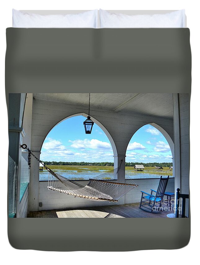 Scenic Duvet Cover featuring the photograph View Of The Marsh From The Pelican Inn by Kathy Baccari