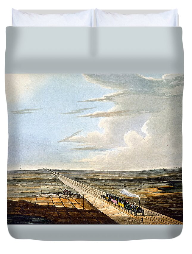 Steam Engine Duvet Cover featuring the drawing View Of The Railway Across Chat Moss by Thomas Talbot Bury