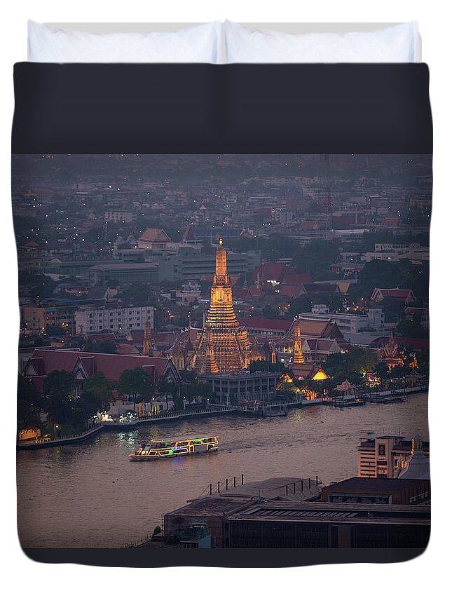 Thai Culture Duvet Cover featuring the photograph View Of Wat Arun by Weerakarn Satitniramai