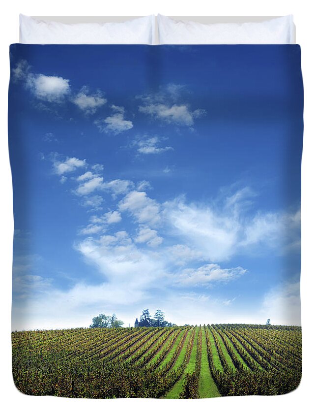 Scenics Duvet Cover featuring the photograph Vineyard Farm With Clouds Background - by Phototalk