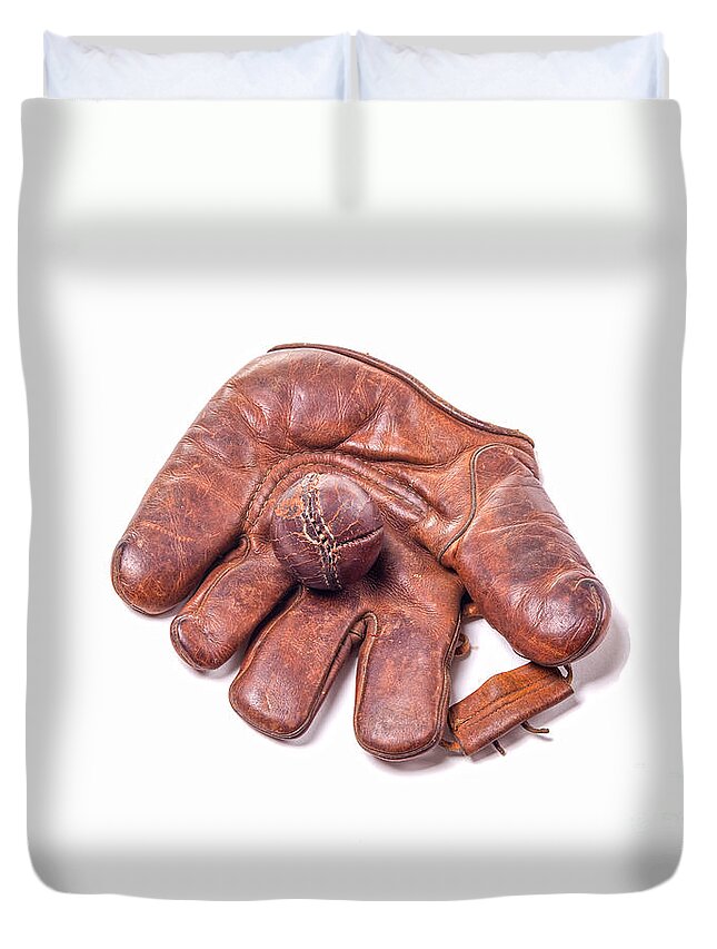 'national Pastime' Duvet Cover featuring the photograph Vintage baseball glove and ball by Patricia Hofmeester