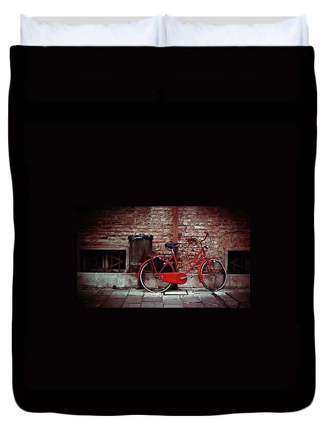 Damaged Duvet Cover featuring the photograph Vintage Bicycle Leaning Against Brick by Moreiso