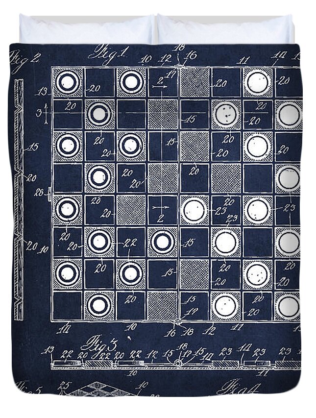 Chess Duvet Cover featuring the digital art Vintage Checker and Chess Board Drawing from 1921 by Aged Pixel