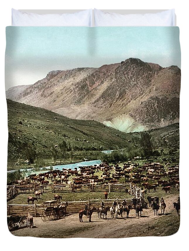 Vintage Duvet Cover featuring the photograph Vintage Colorado Photograph - Round Up on the Cimarron - 1898 by Eric Glaser